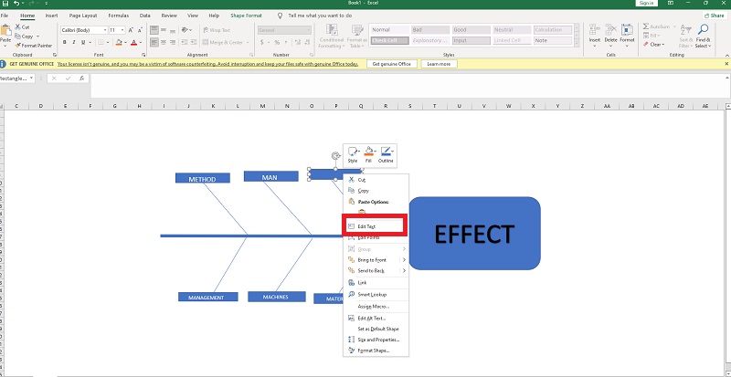 ដ្យាក្រាម Fishbone អត្ថបទ Excel