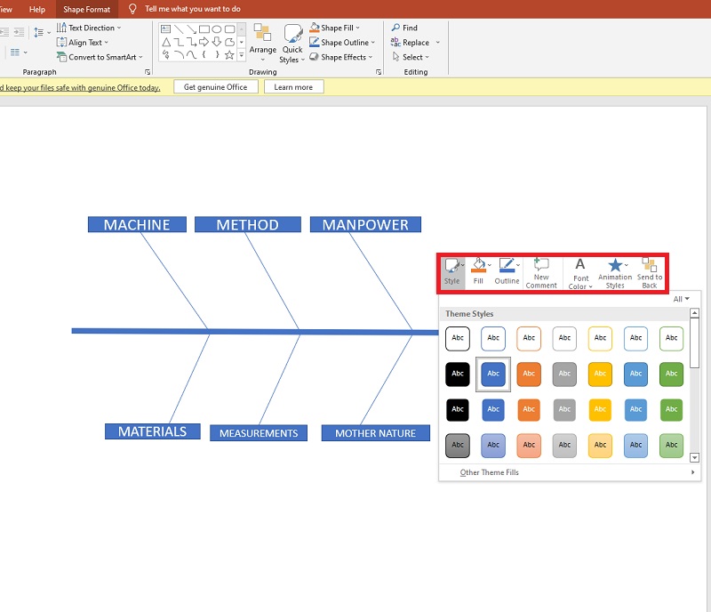 Diagram rybí kosti ve formátu PowerPoint