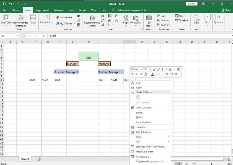 Organizační tabulka společnosti Excel Cell