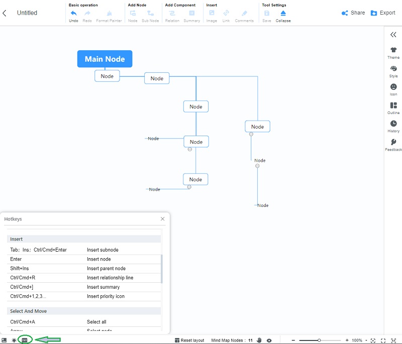 Các phím nóng của Sơ đồ luồng dữ liệu MindOnMap