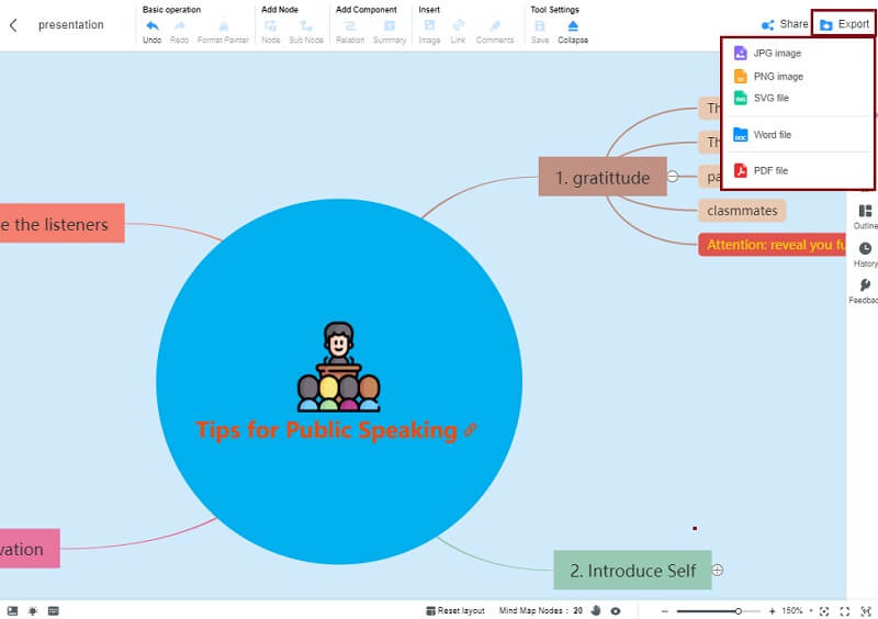 Prezentace myšlenkové mapy Export MindOnMap