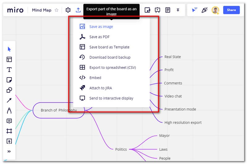 Miro MindMap Αποθήκευση χάρτη