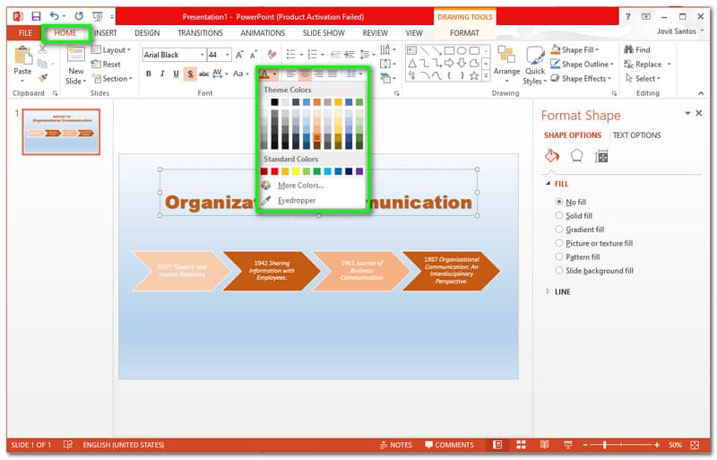 PowerPoint kolorea aldatu testua