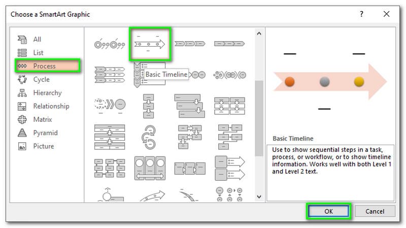 ไทม์ไลน์พื้นฐานของกระบวนการ PowerPoint SmartArt