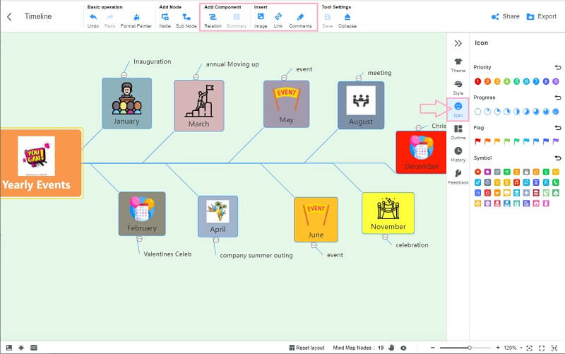 ไอคอนแผนผังความคิดของ Word ไทม์ไลน์