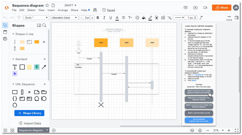 Início do diagrama de sequência do Lucidchart