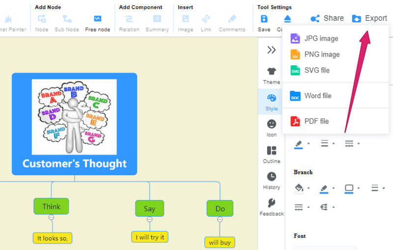 Sekce exportu MindOnMap