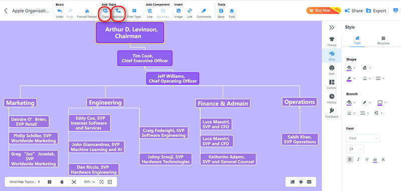 Créer un organigramme Apple en ajoutant un sujet et un sous-sujet