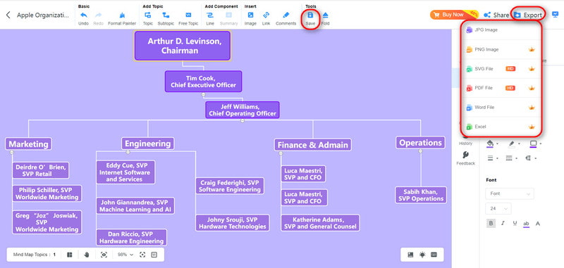 Saglabājiet un eksportējiet Apple organizācijas diagrammu dažādos veidos